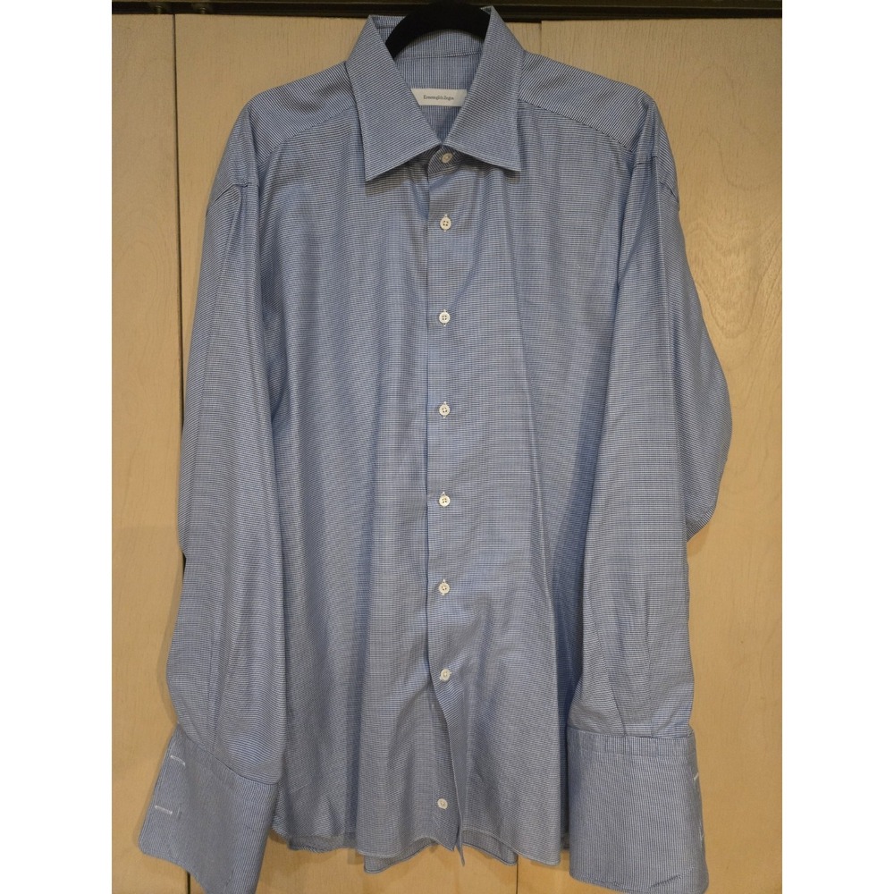 Ermenegildo Zegna 43 17 Blue Micro Check Dress Shirt French Cuff XL